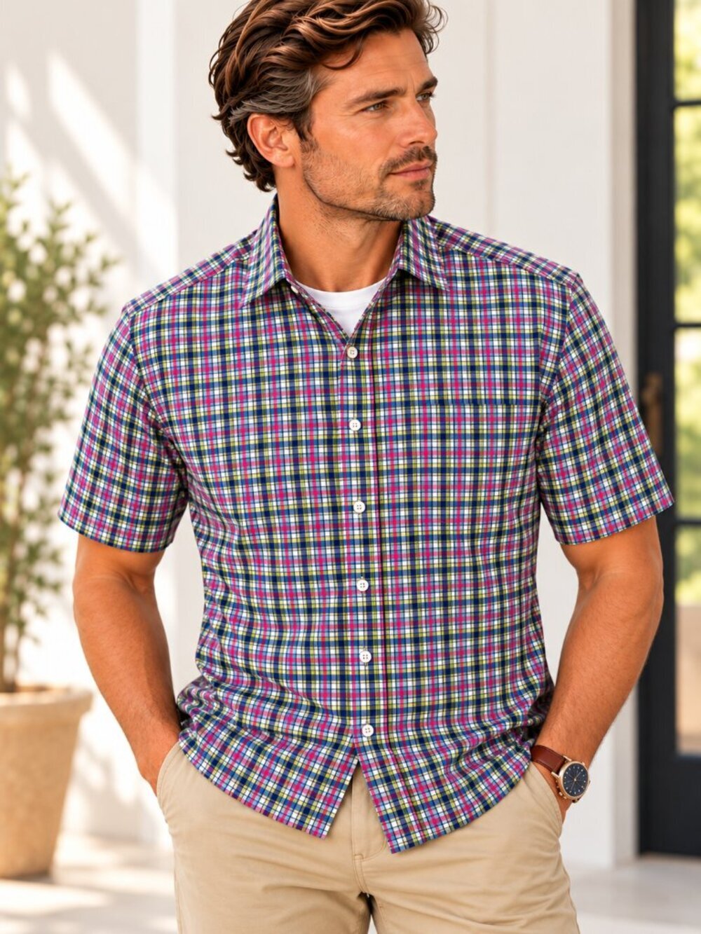 Toscano by Patrick Assaraf Mens Blue Violet Plaid Shirt M Old Money Office Prep